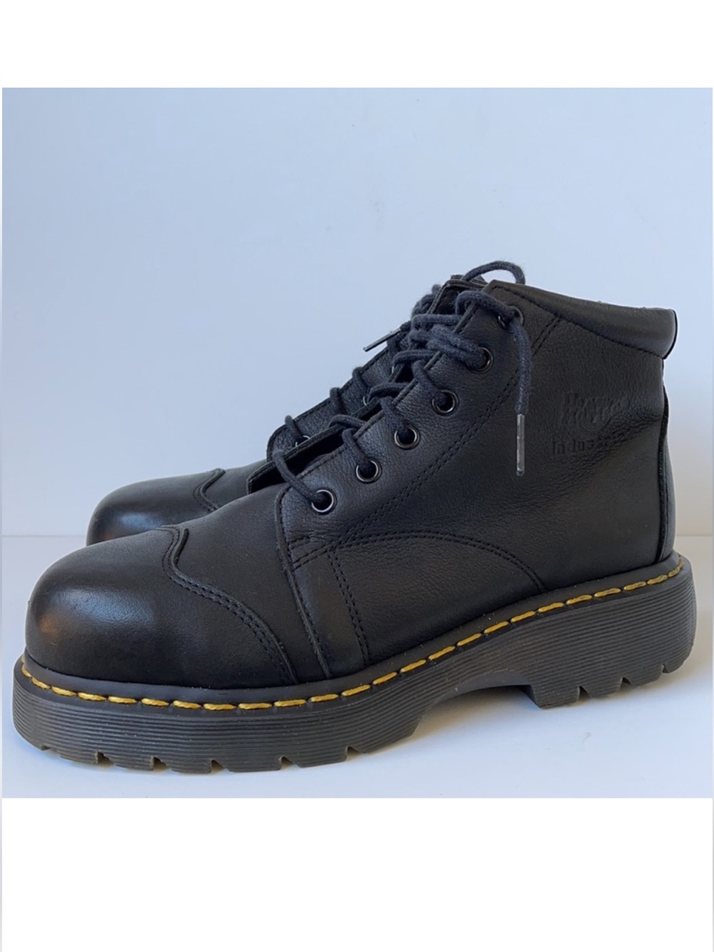 Dr. Martens Black Leather Lace-Up Ankle Boots with Yellow Welt